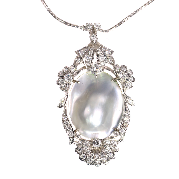 Vintage Fifties diamond and pearl pendant necklace